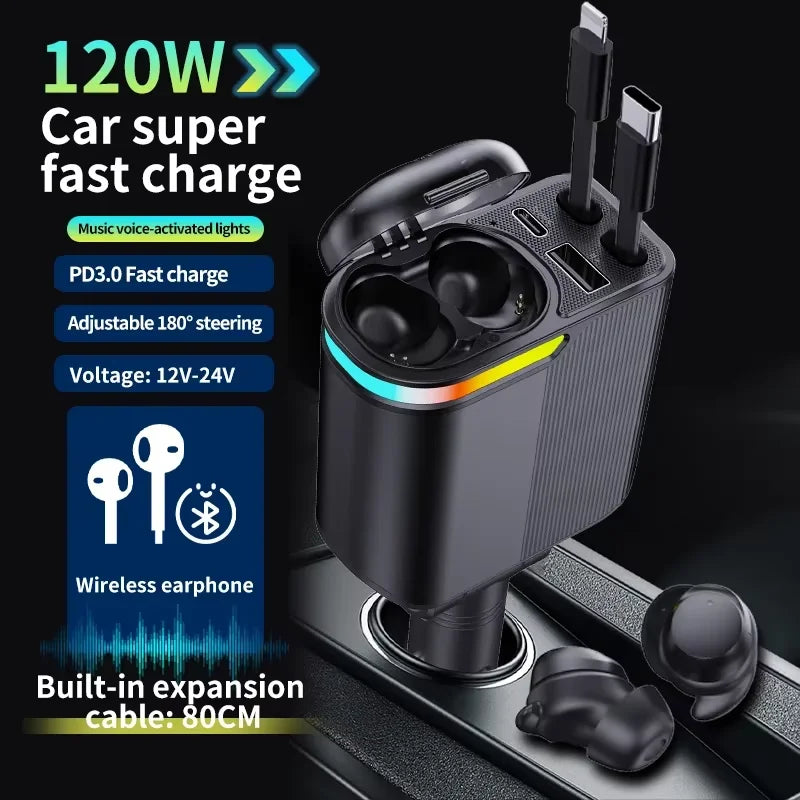 Chargeur de voiture multifonction avec écouteur airpods sans fil.