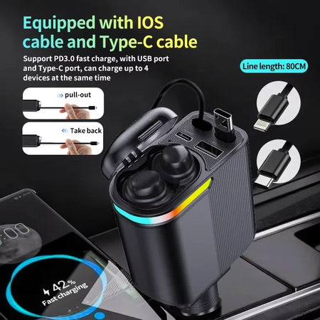 Chargeur de voiture multifonction avec écouteur airpods sans fil.