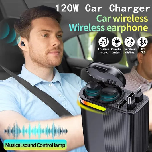 Chargeur de voiture multifonction avec écouteur airpods sans fil.